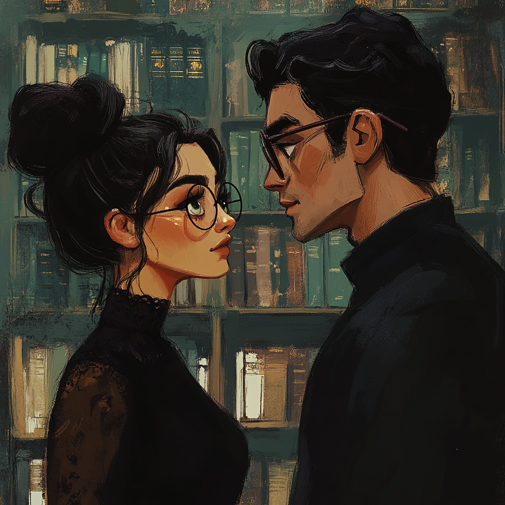 mexican woman with messy bun and round glasses gazes at man in library