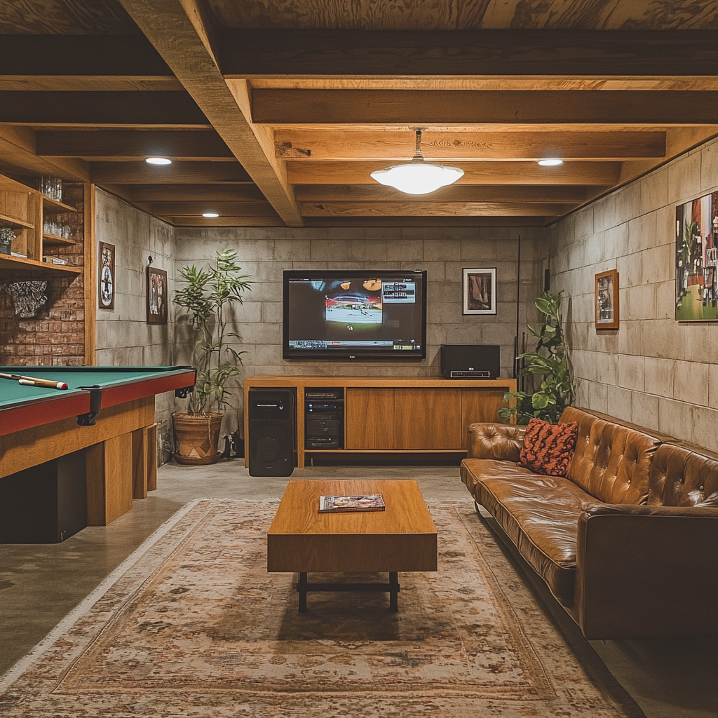 Mid Century Basement Room with Bar, Couch, Pool Table