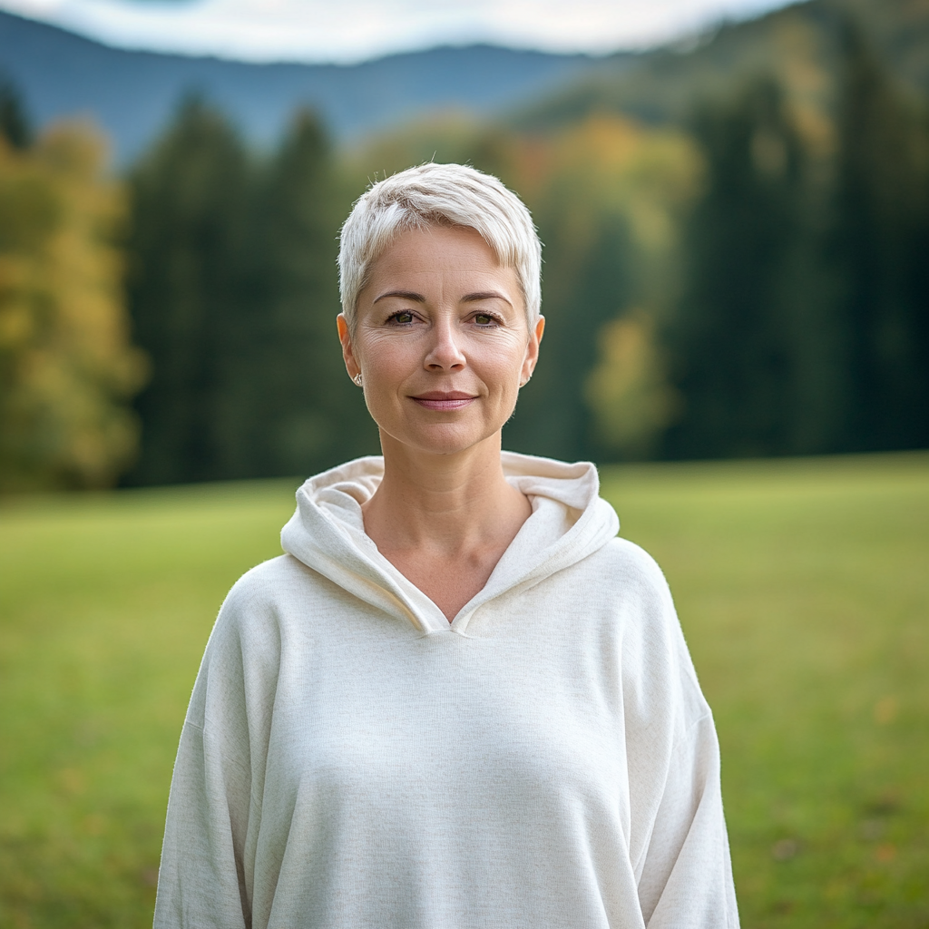 Caucasian woman in white hoody