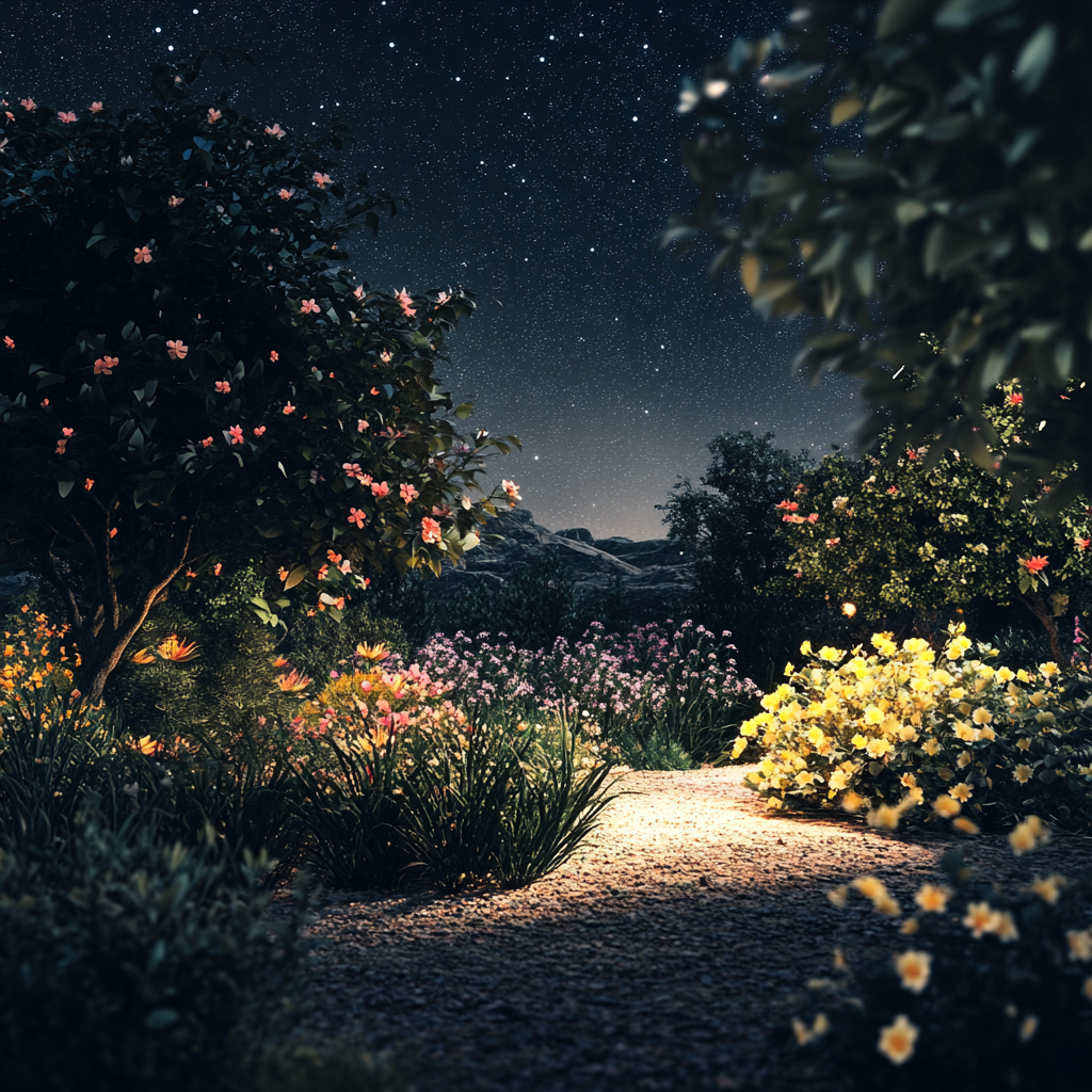 Peaceful garden under moonlight