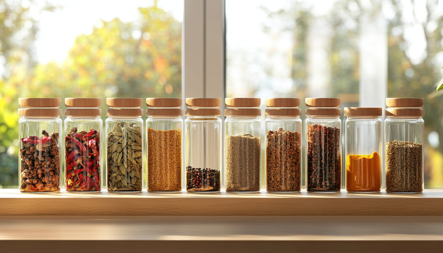 Colorful spices in glass jars