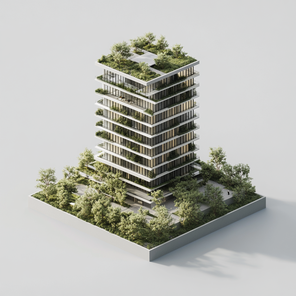 Isometric photo of minimalist green building