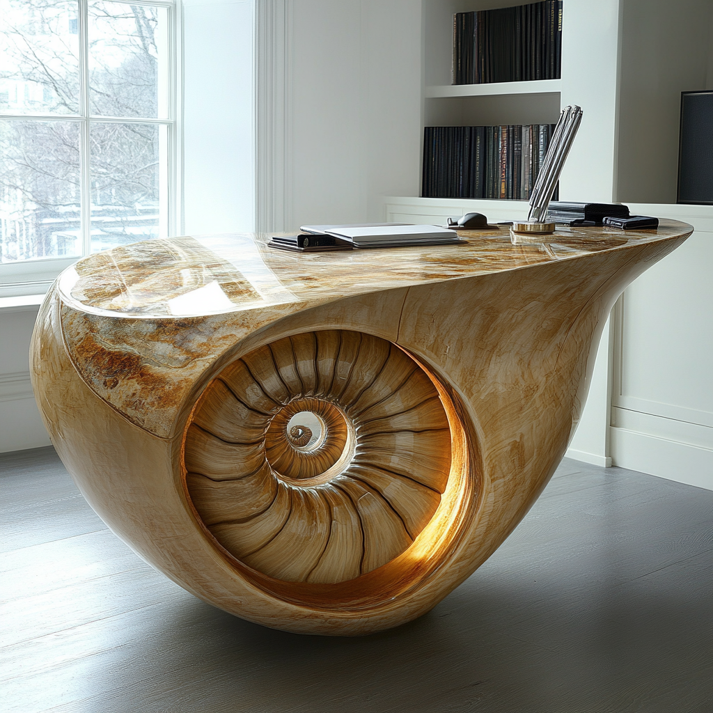 Modern ammonite fossil desk surface concept