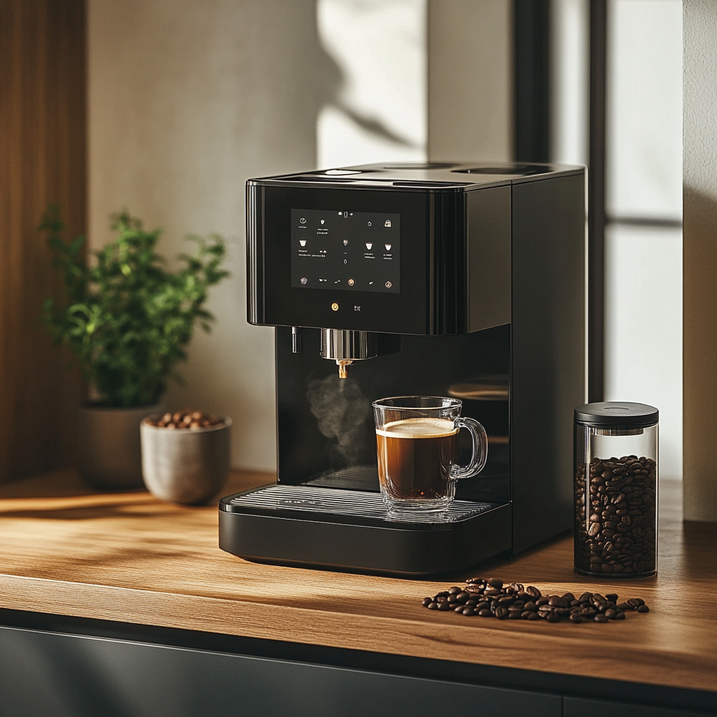 modern coffee machine on wooden countertop