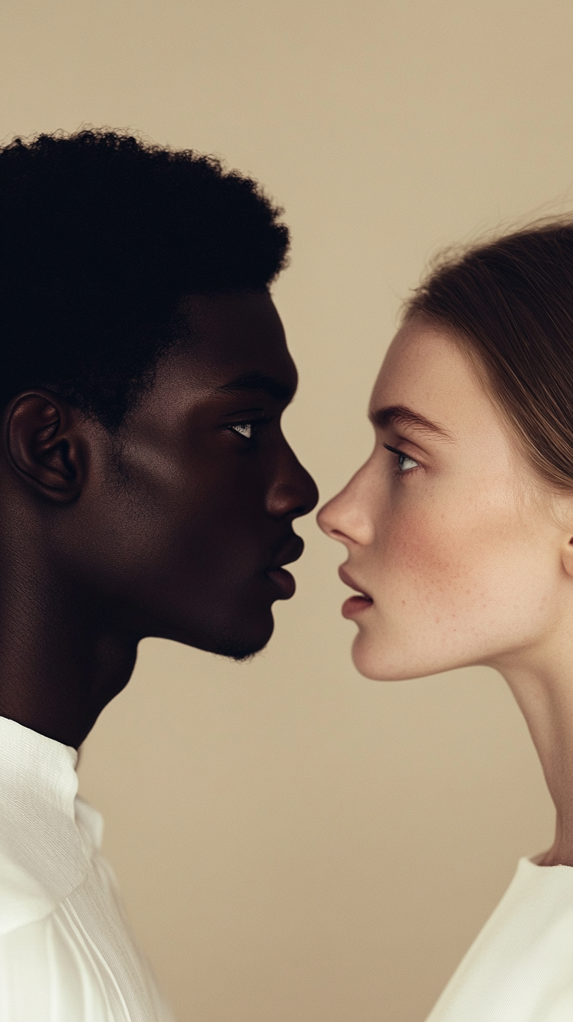 Black man white woman minimalist portrait