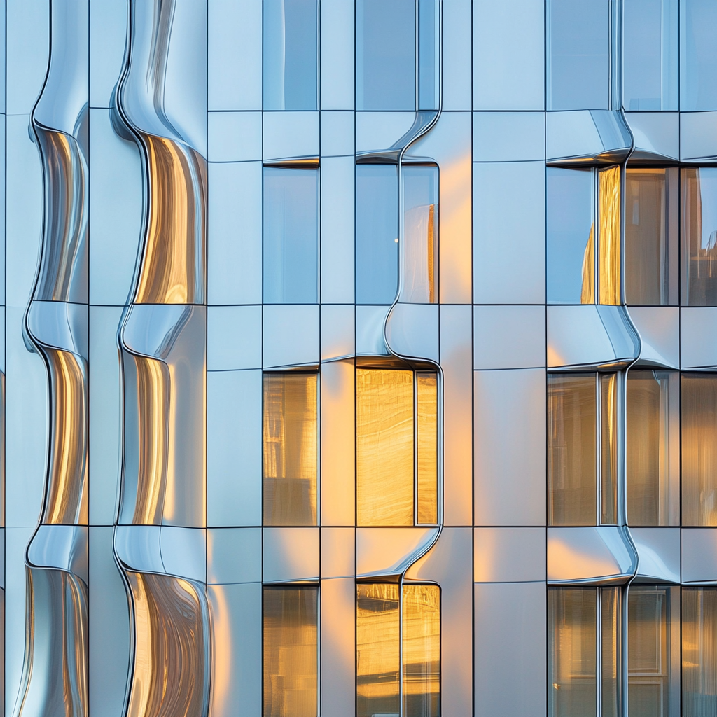 modern urban building with wavy façade design, golden light.