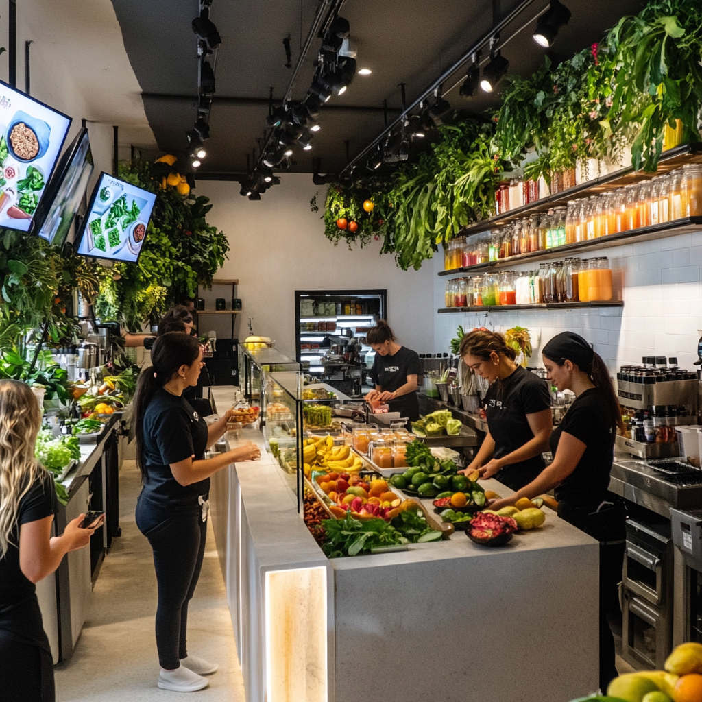 Workers blending fruits in vegan juicebar