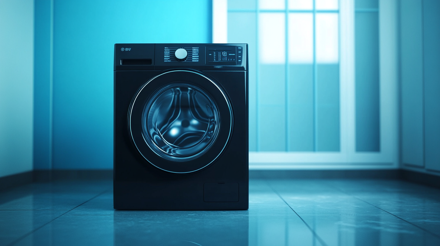 Modern washing machine on blue background