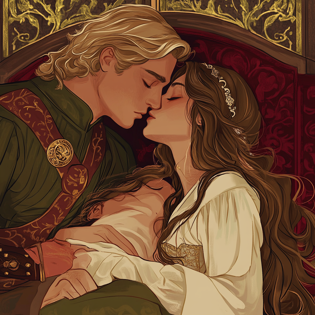 Woman kissing sleeping prince illustration