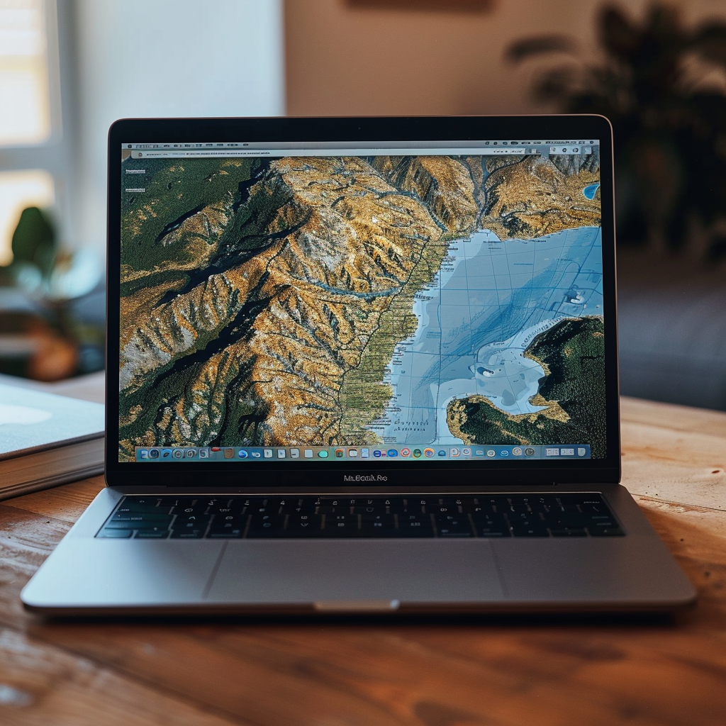 Macbook on modern wooden table with Iberian Map