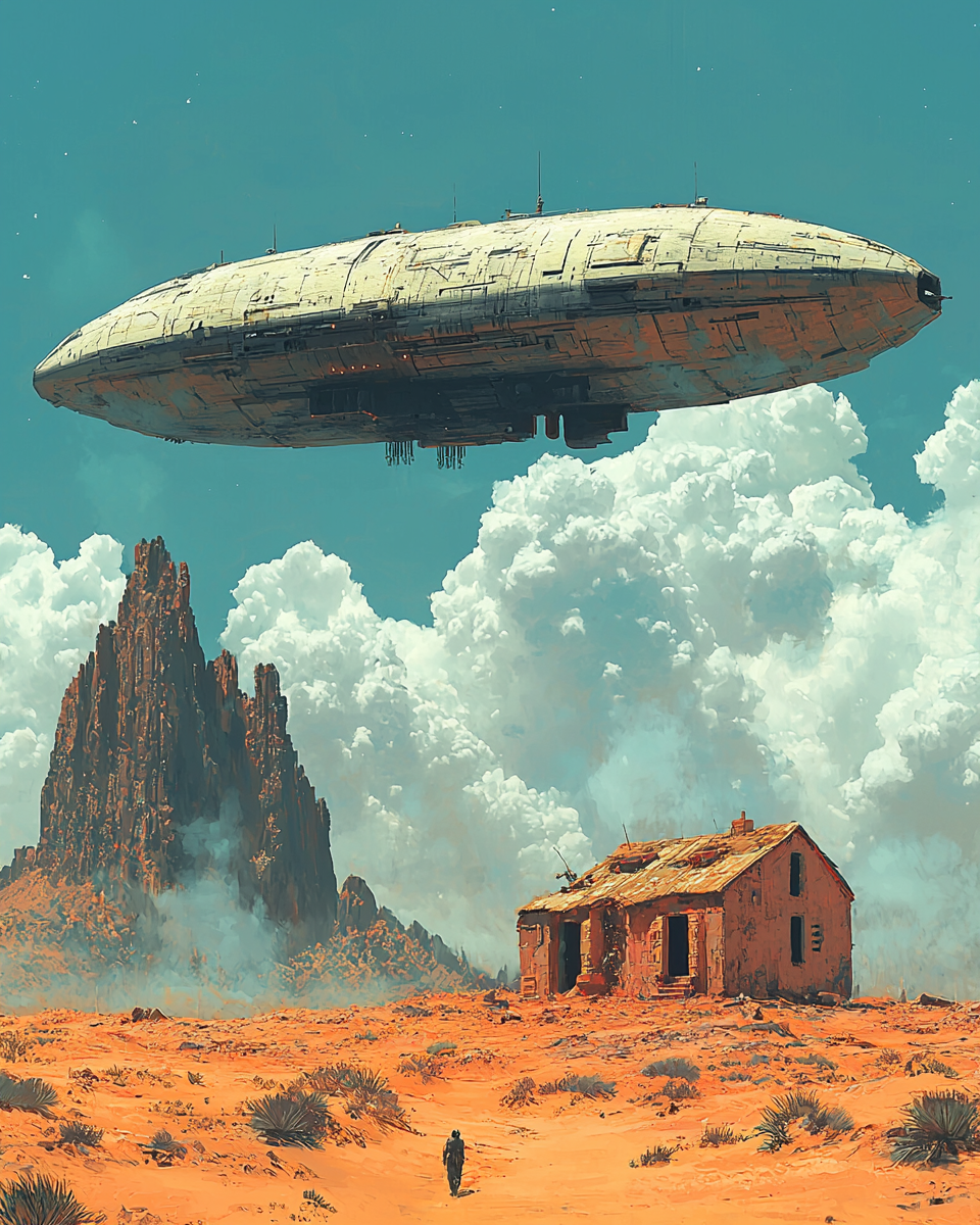 moebius concept art with hovering retro space craft house