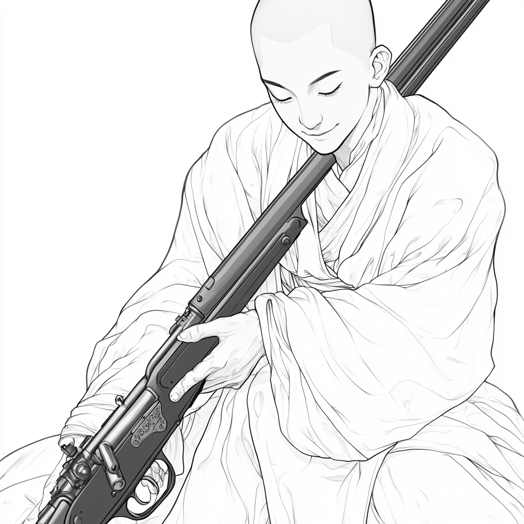 Monk in white robe with rifle