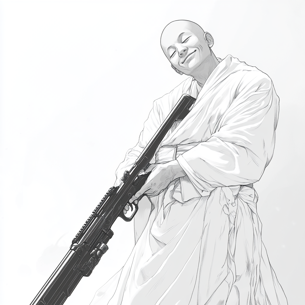 Monk with Rifle on White Background