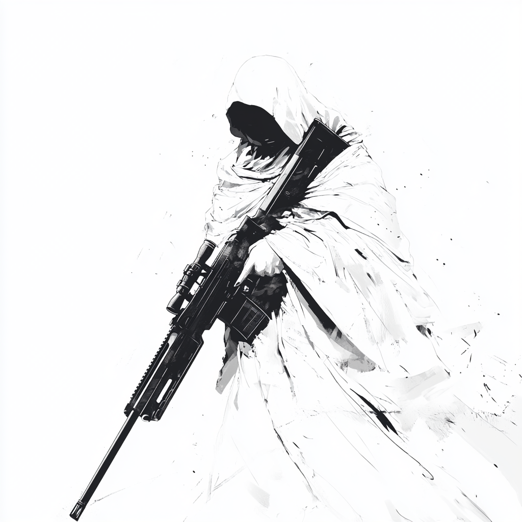 Monk holding rifle in white robe