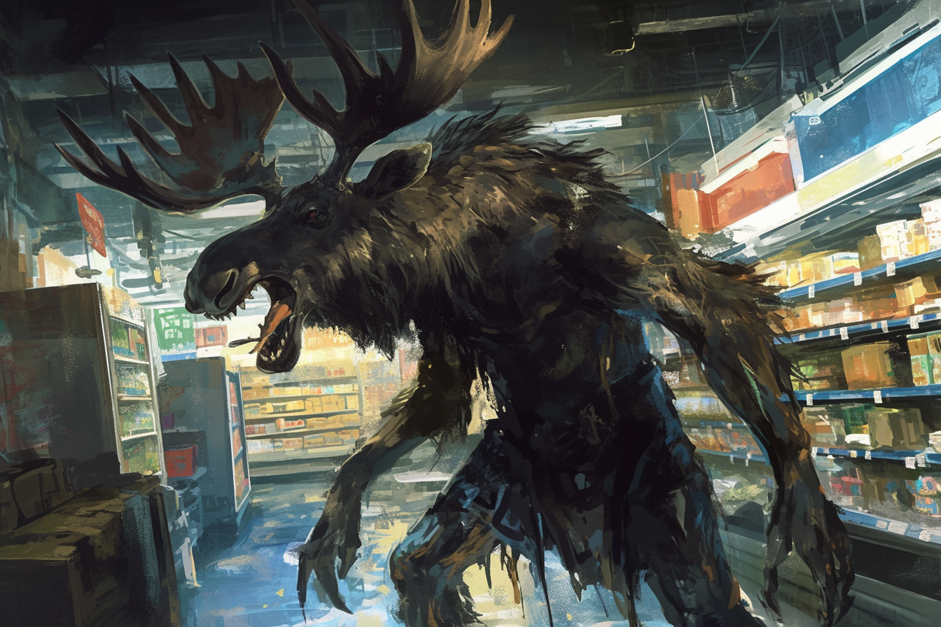 large monstrous moose in dark store