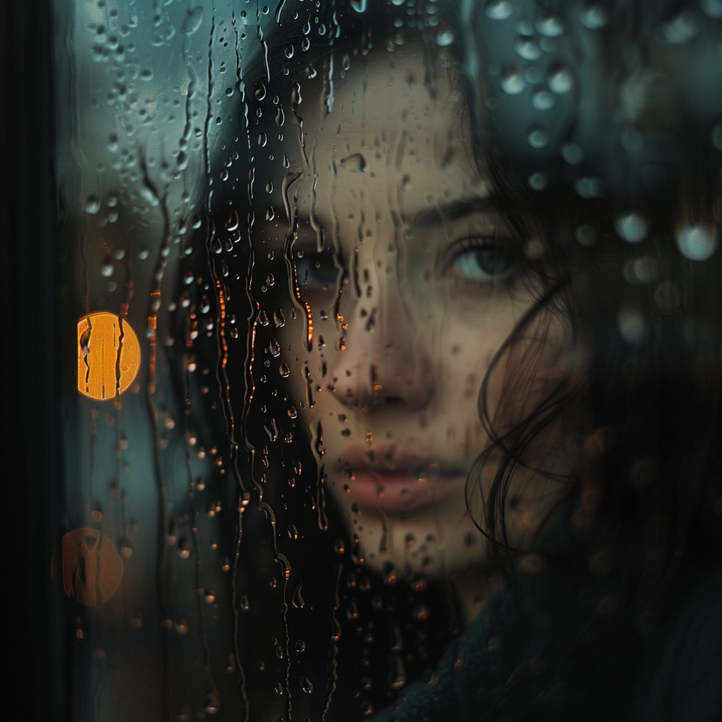 Woman Standing Rainy Window Reflection