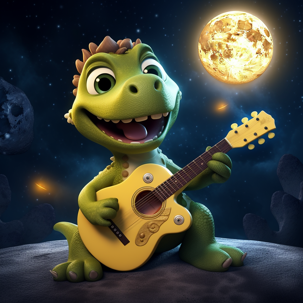 Cute green dinosaur under full moon