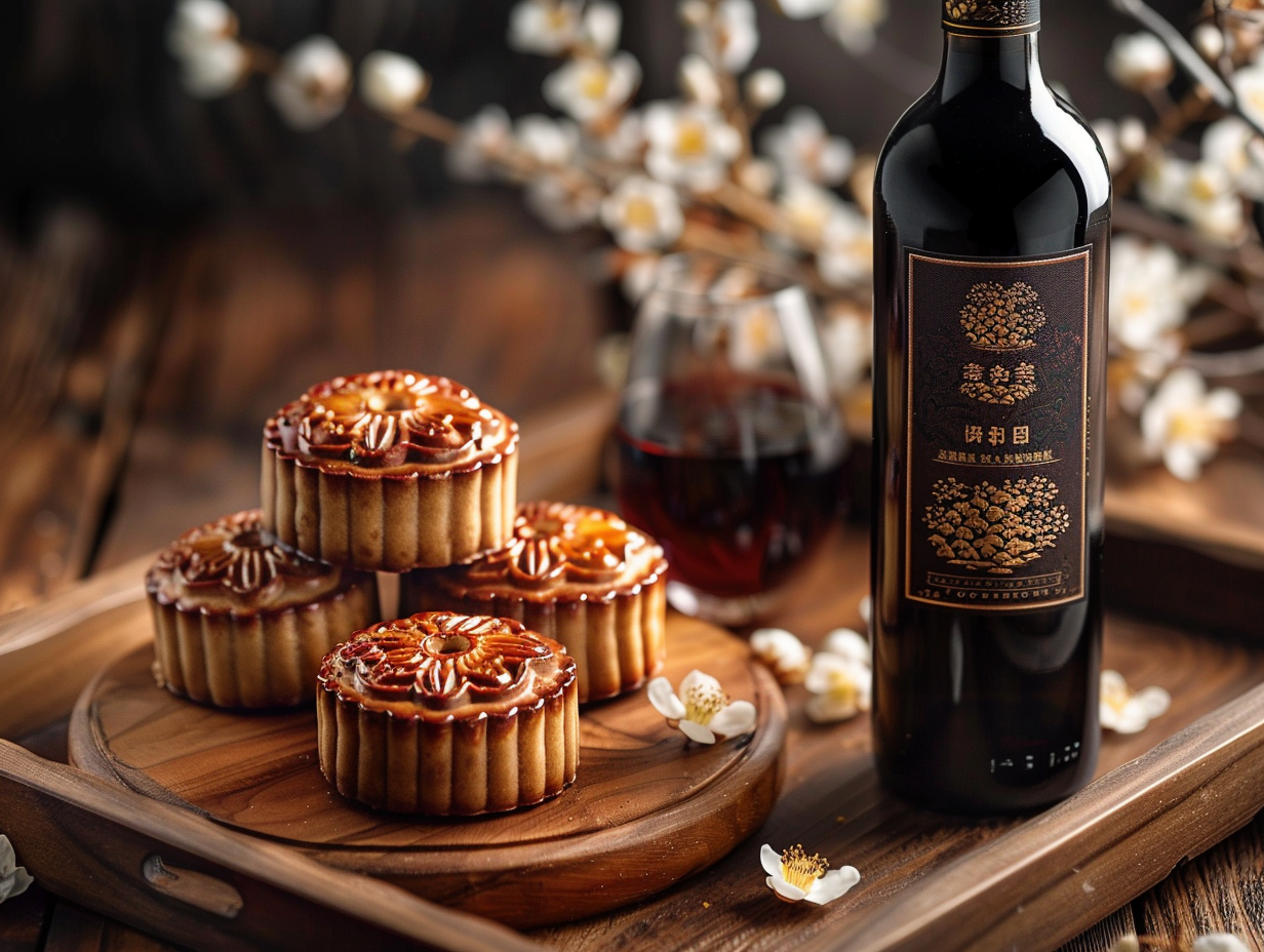 Mooncakes and Red Wine on Tray