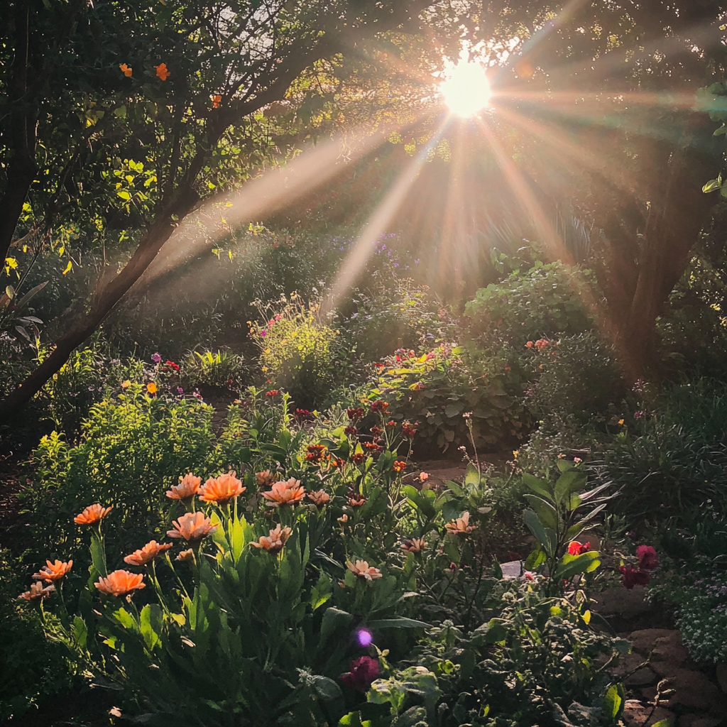 lush garden morning light flowers