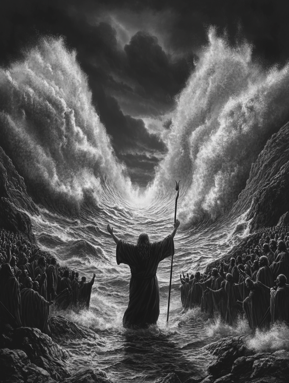 Moses splitting Red Sea with staff