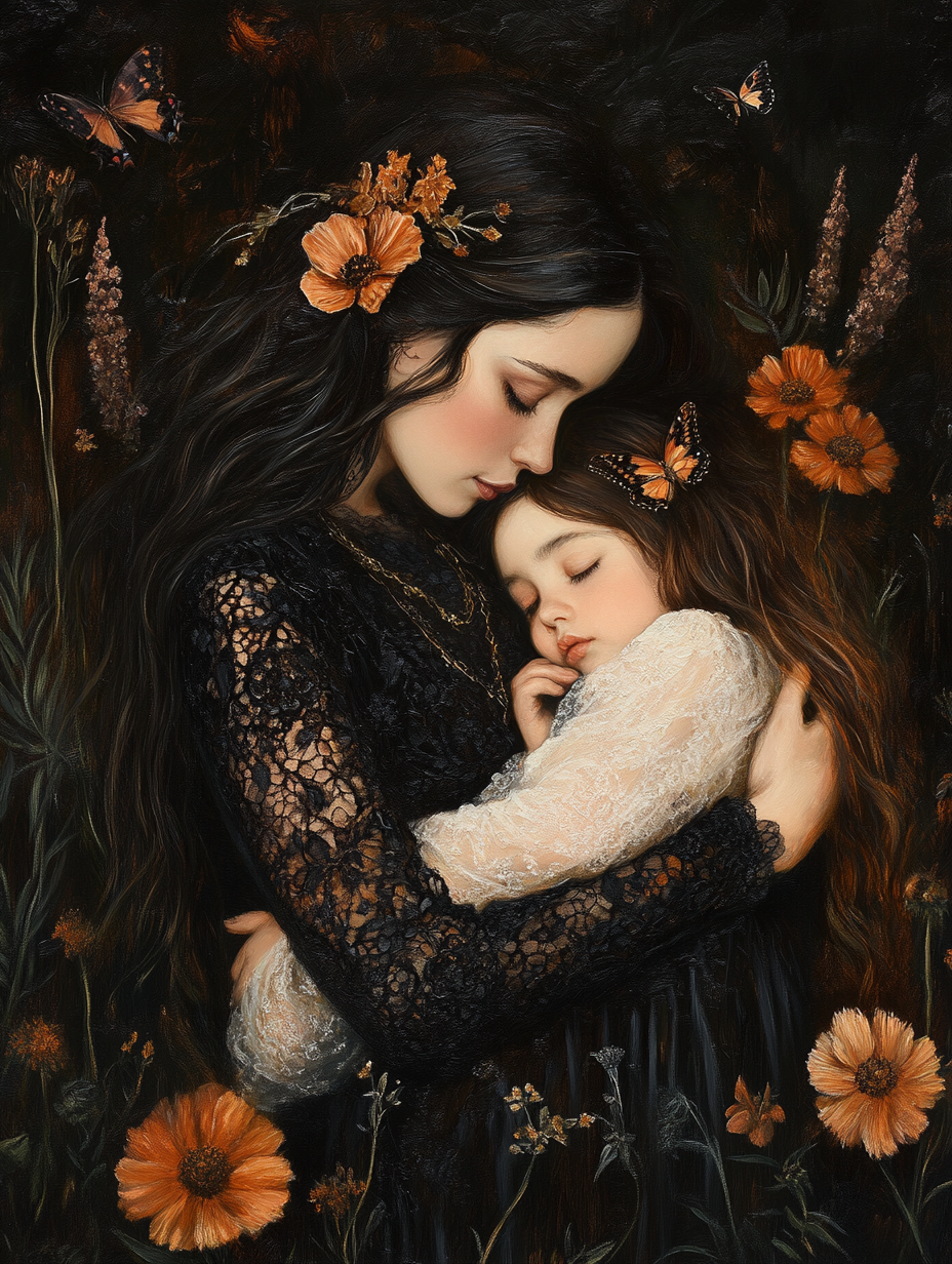 Mother Daughter Embrace Dark Painting