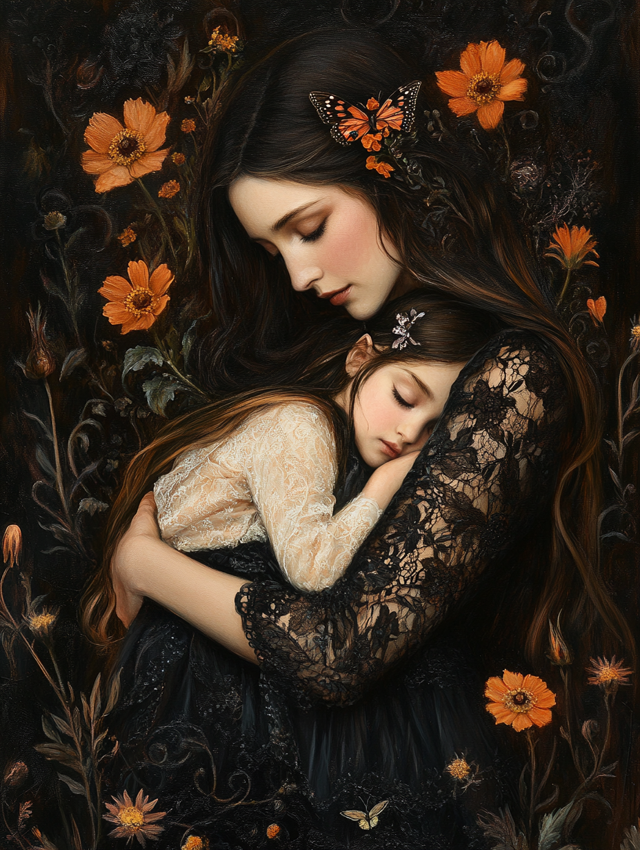 Mother Daughter Embrace Pre-Raphaelite Style Painting