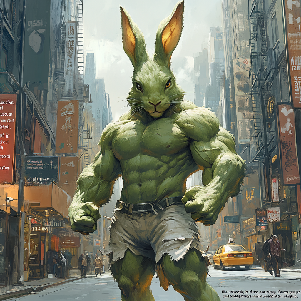 green muscular rabbit city street