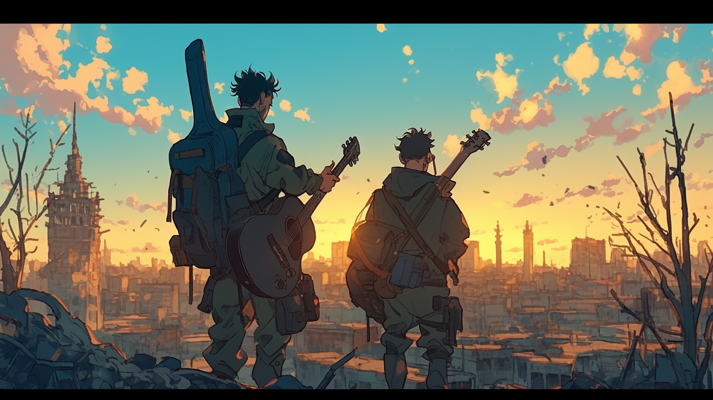 Guitarist and Trumpetist in Dystopian Desert Sunset