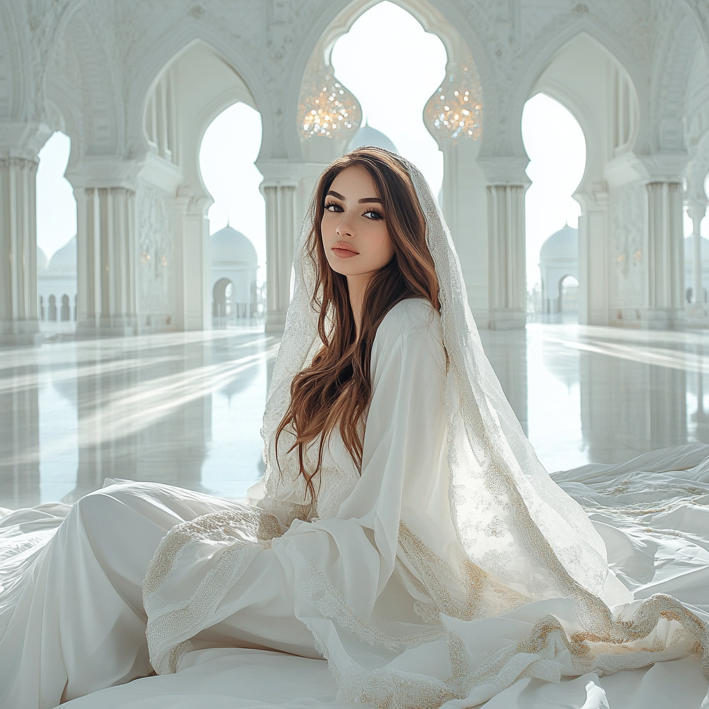 Muslim girl in white paradise dress