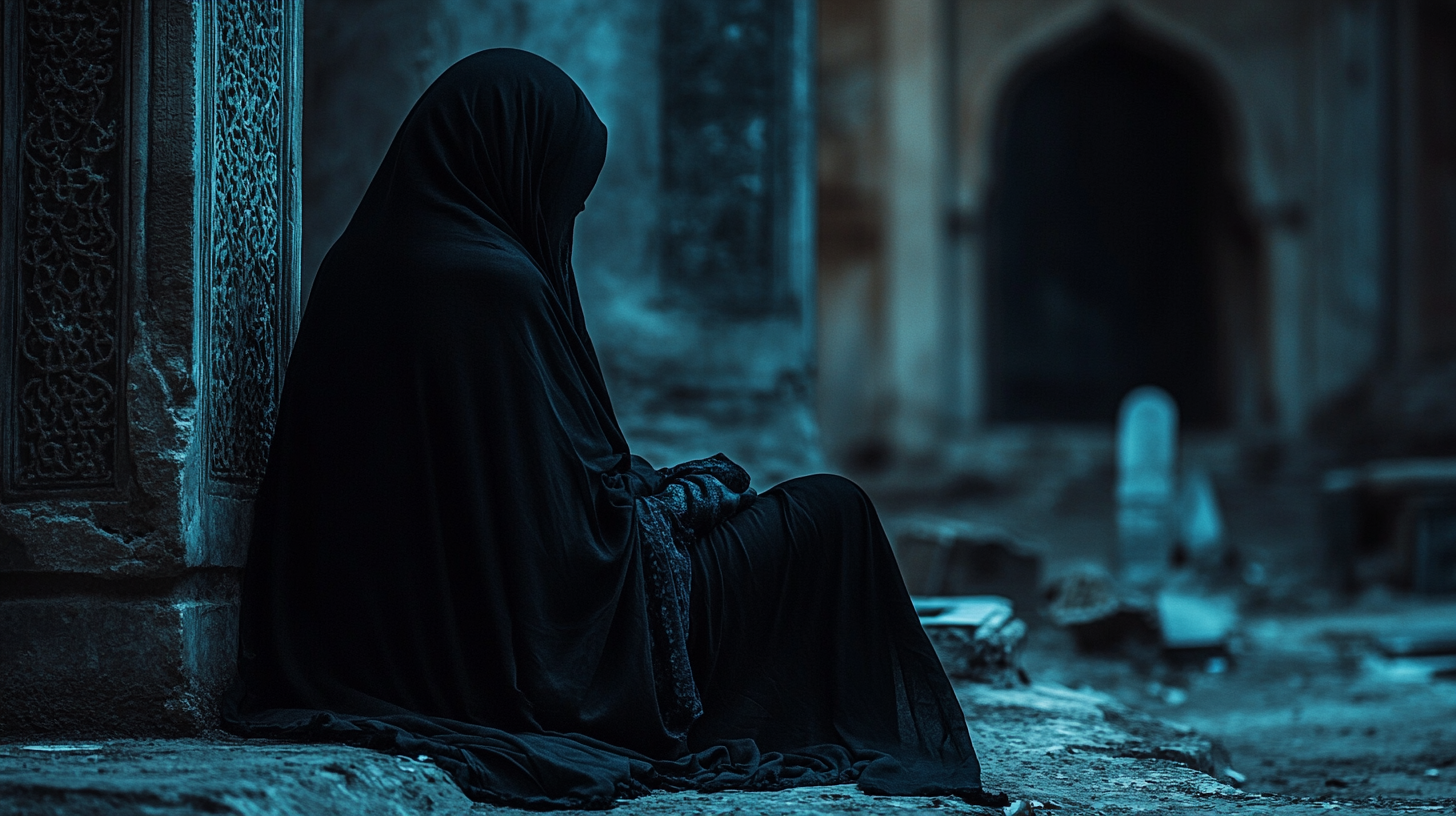 Muslim lady sitting grave somber