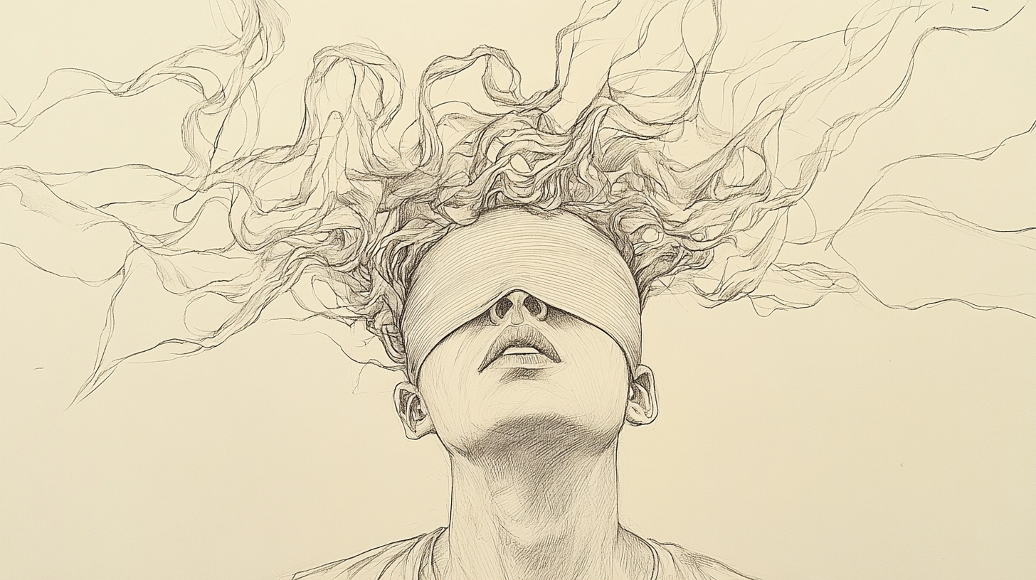 chaotic pencil sketch blindfold figure