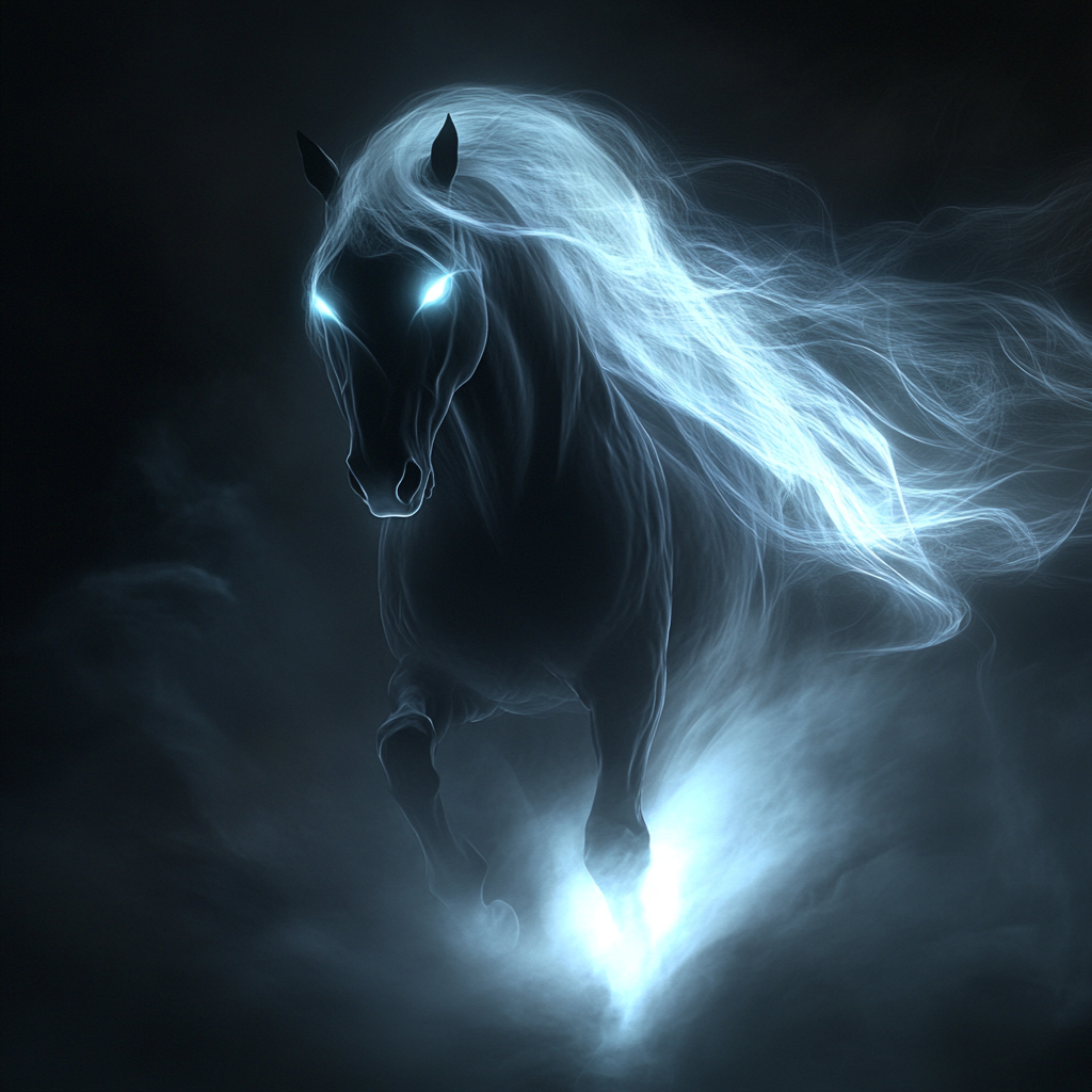 Black Horse Glowing White Eyes