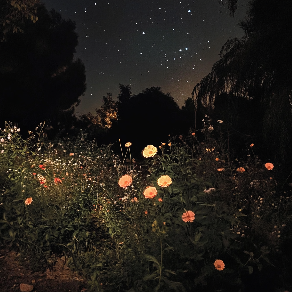 Night garden moon stars flowers