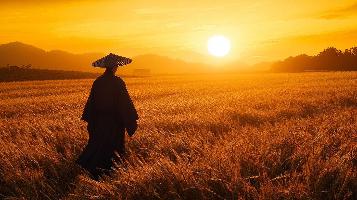 Nobleman in traditional Japanese robes at sunset