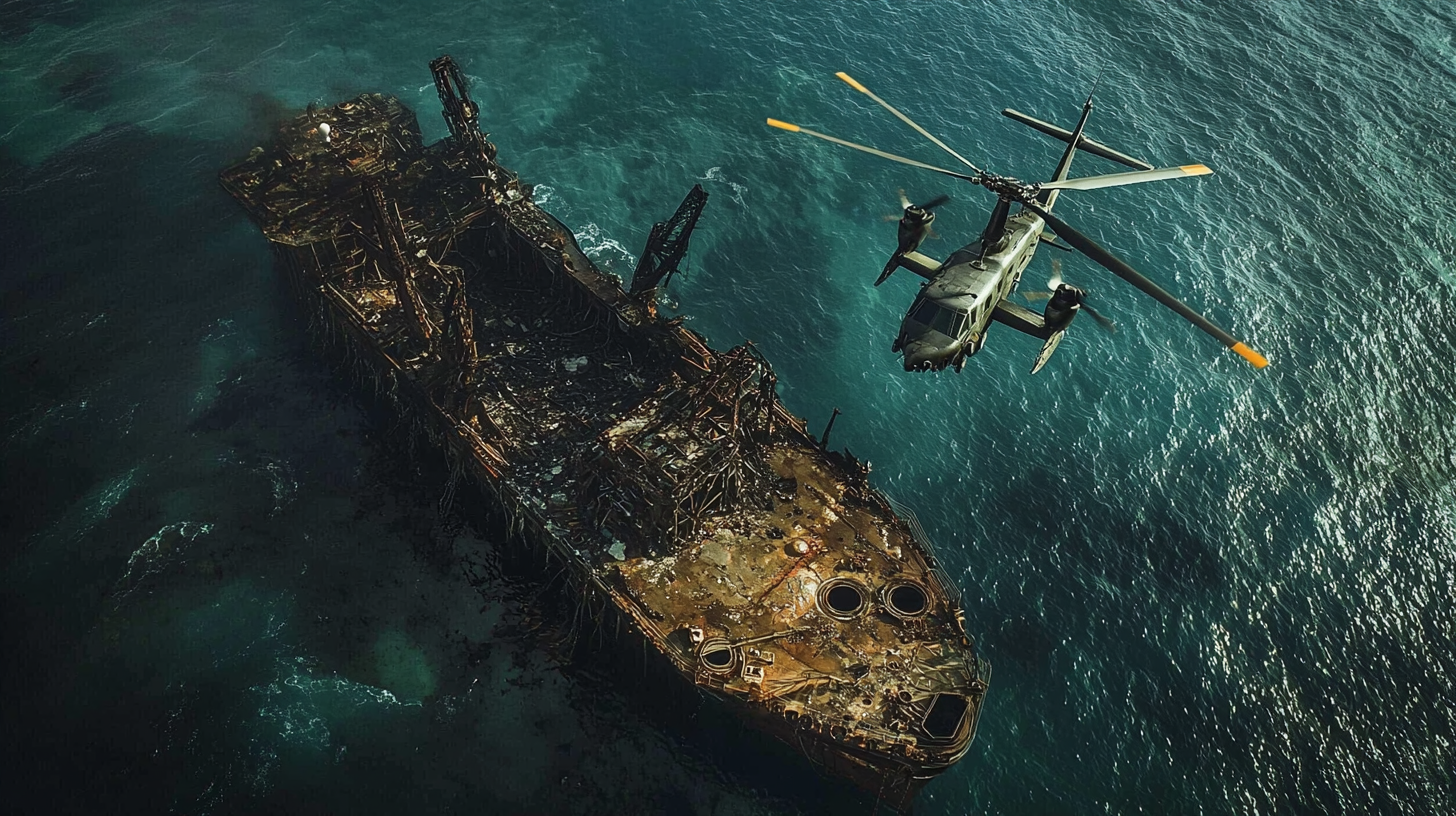 Aerial shot of burned exploration ship