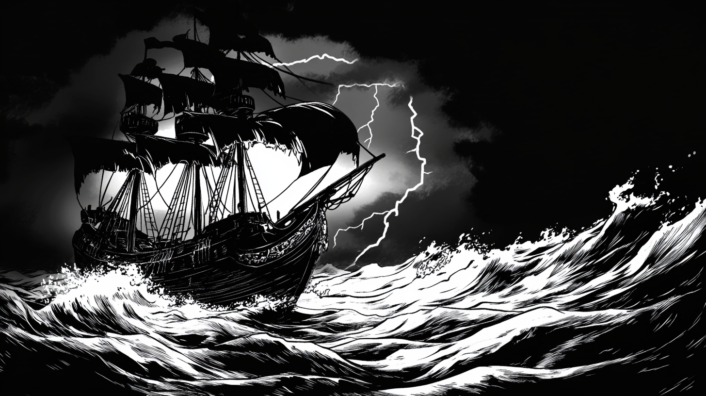 Black and white pirate ship storm