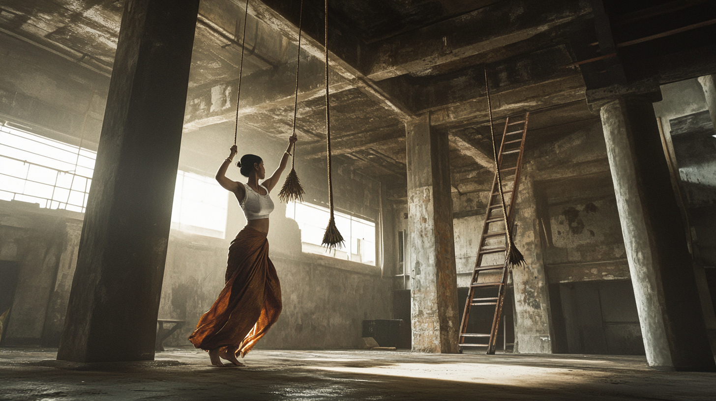 Lady practicing acrobatics in old warehouse