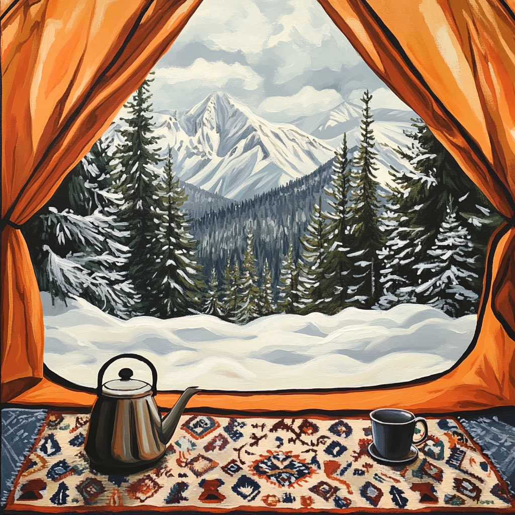 Snowy landscape inside orange tent