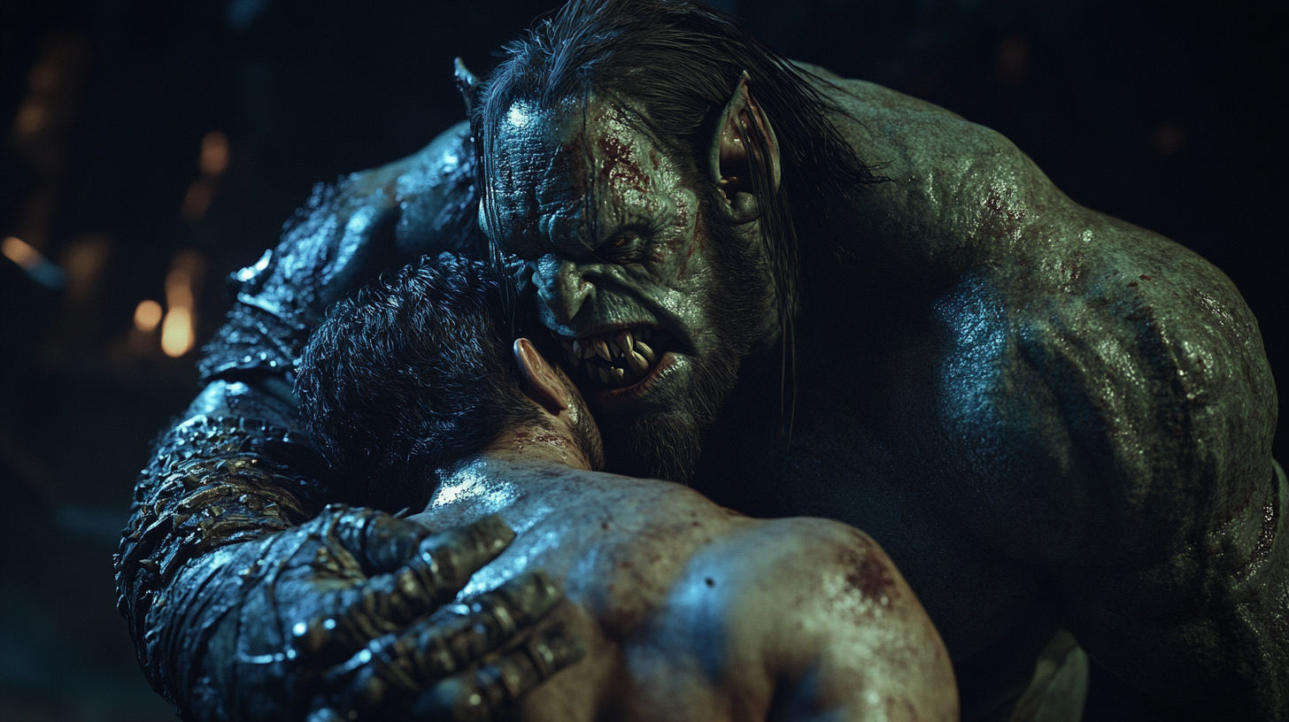 orc wrestling man in headlock, epic dark fantasy action