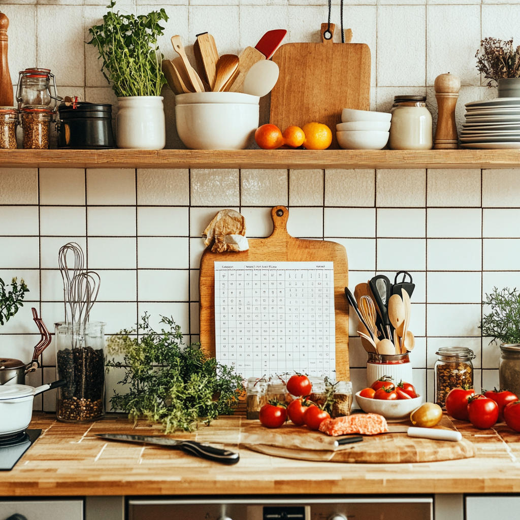 Serene organized kitchen with meal planner