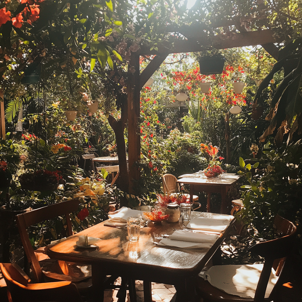 Outdoor lunch amidst blooming flowers