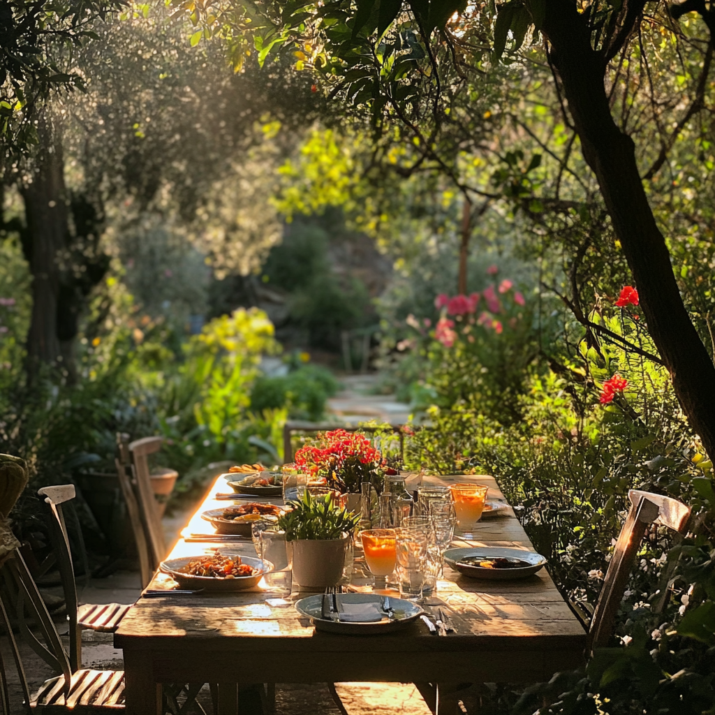 Serene outdoor lunch setting blooming