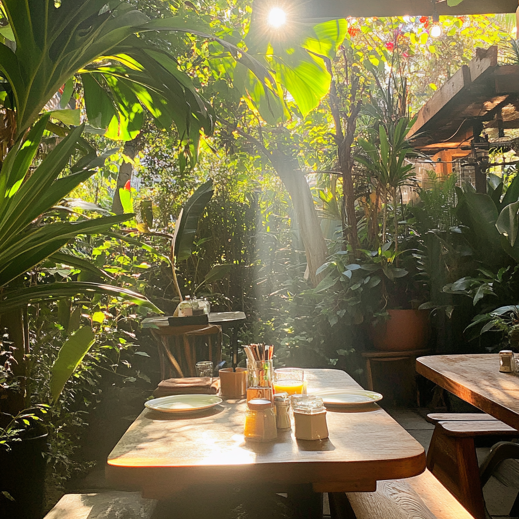 Cozy outdoor lunch surrounded by plants