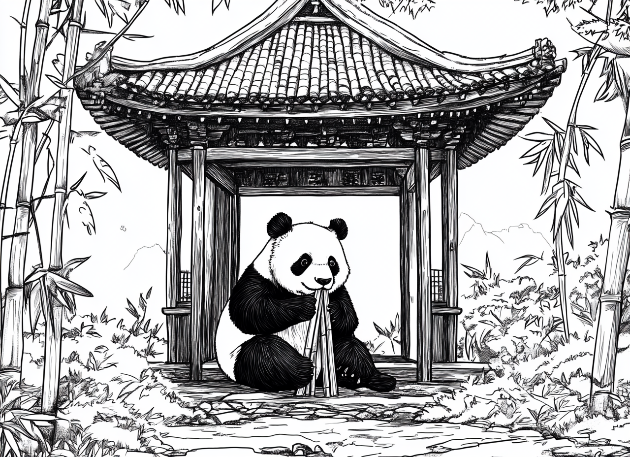 Panda Eating Bamboo in Temple