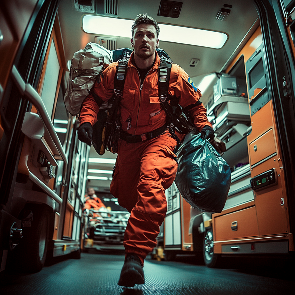 paramedic with medical equipment bags