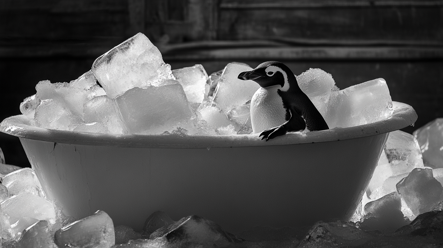 Penguin enjoying ice bath spa