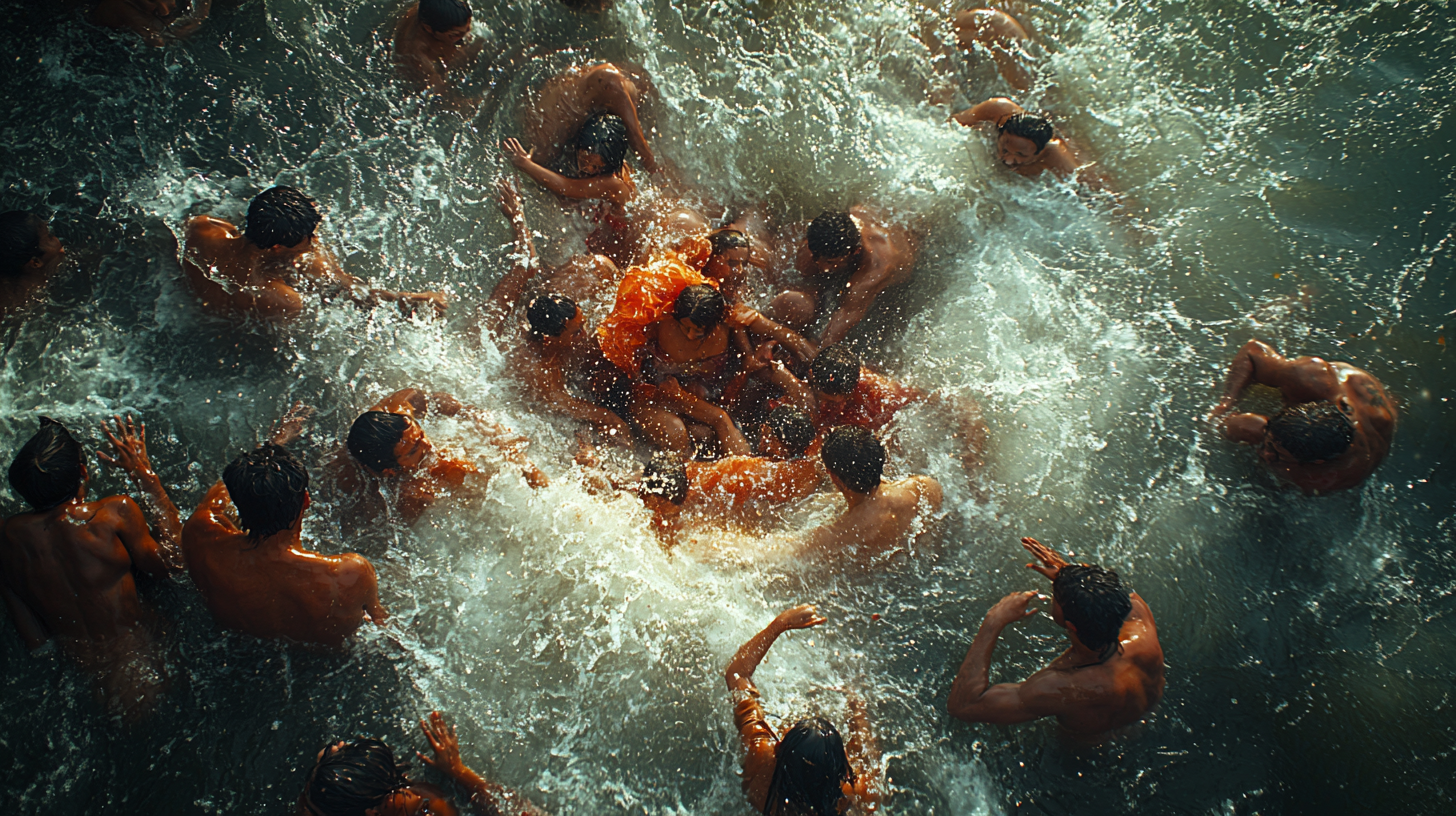 People in raging floodwaters