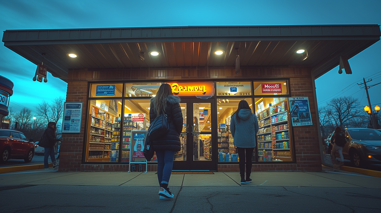 People exiting liquor store