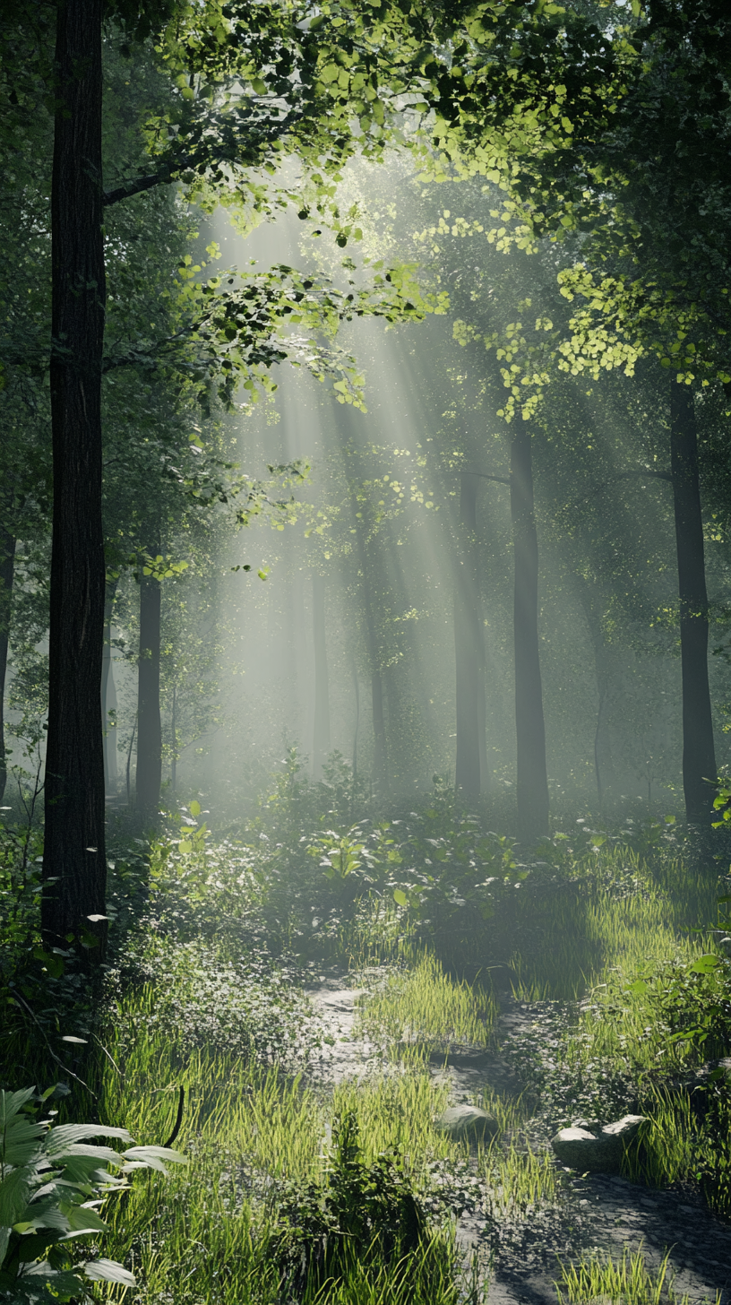 Forest scene with dappled sunlight