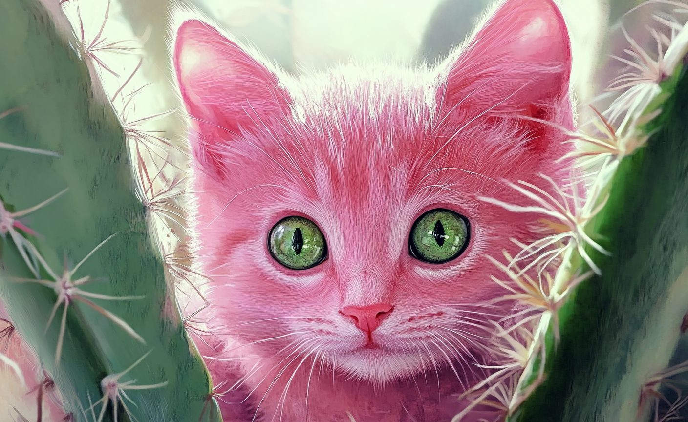 Pink kitty behind cactus illustration